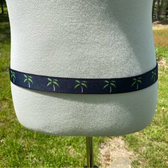 THOMAS BATES BELT BLUE FABRIC GREEN PALM TREES BROWN LEATHER BRASS BUCKLE 38 USA - Picture 2 of 11